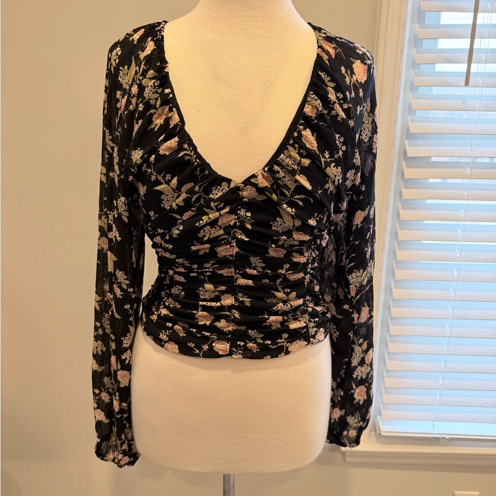 Free People Black Floral Long Sleeve Blouse